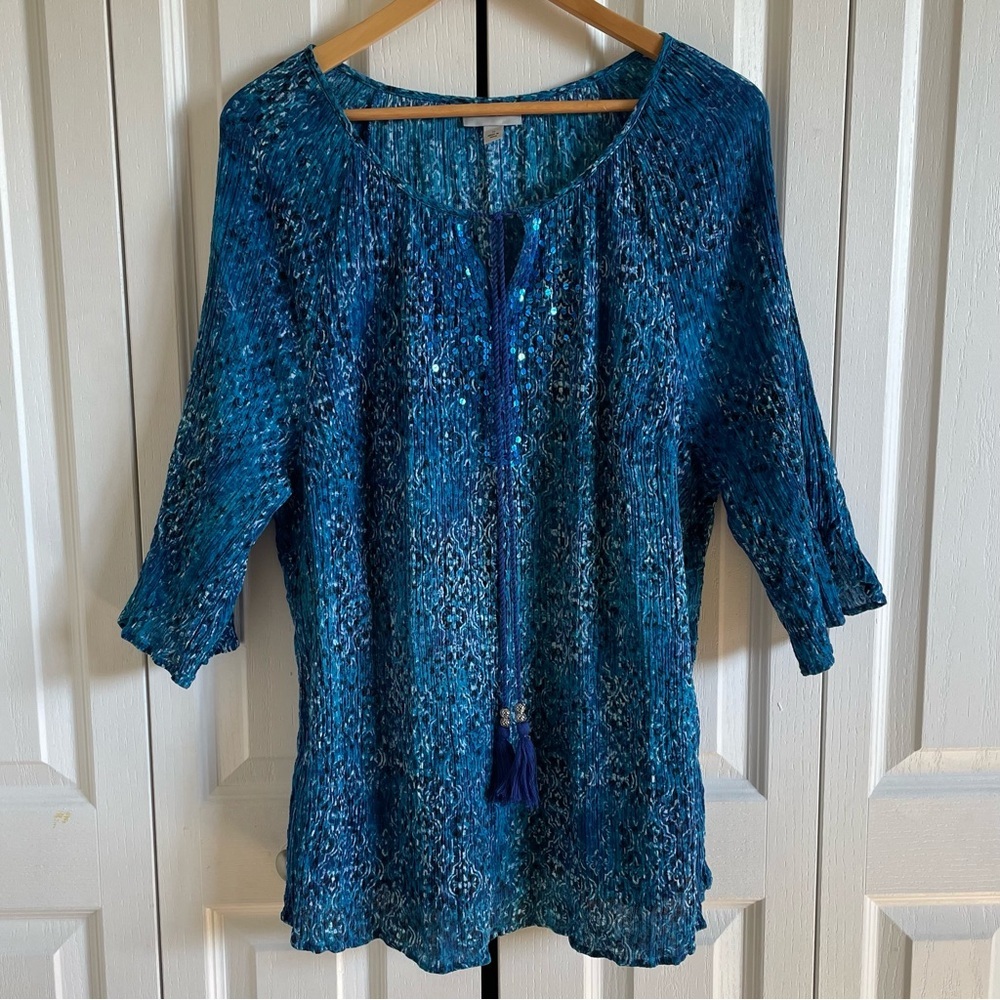 Catherines Tunic Top Women’s 1X Blue Paisley Tassel Tie Sequin Slit Lightweight